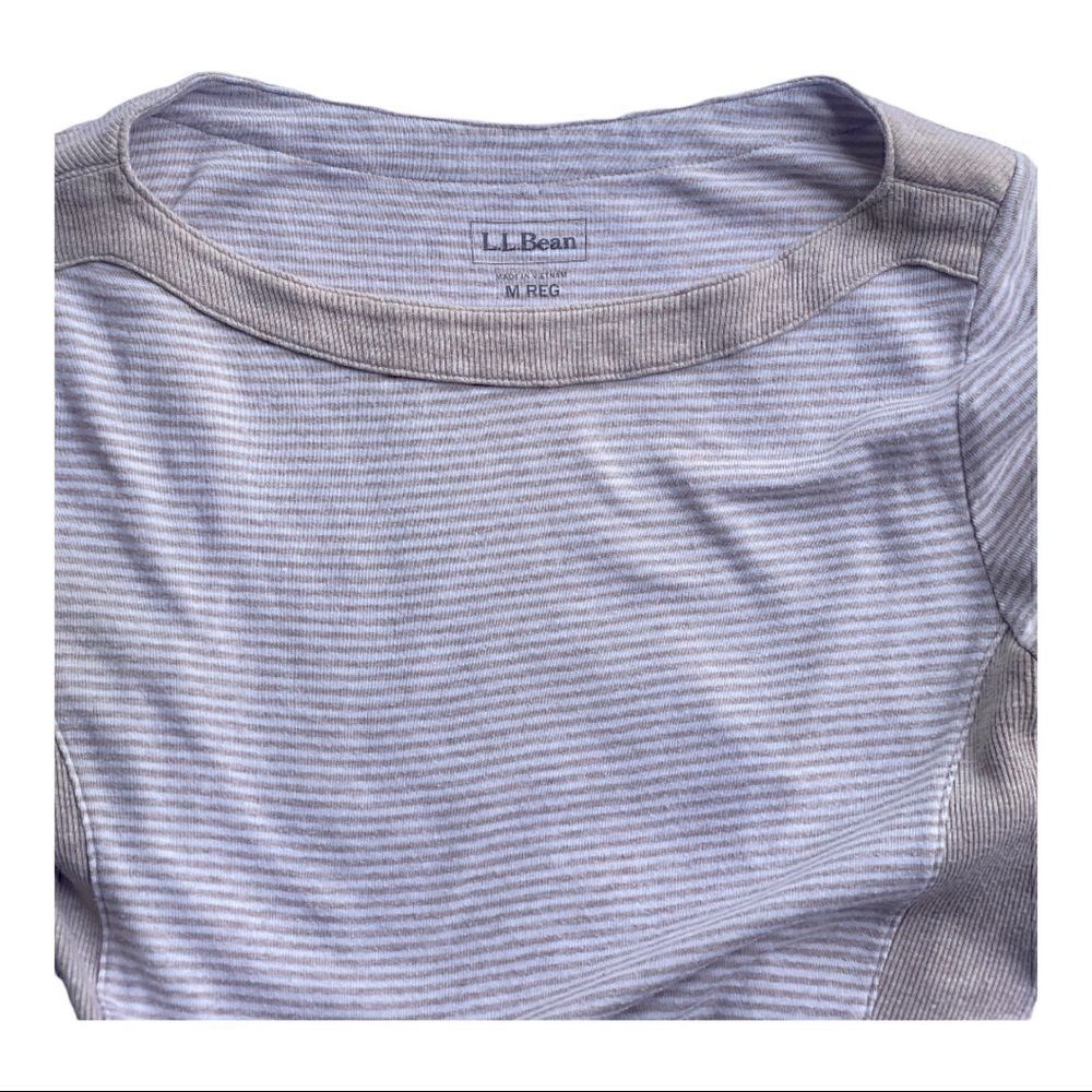 LL Bean Boat Neck Beige Stripe Three Quater Sleeve Top